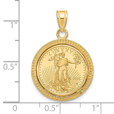 Wideband Distinguished Coin Jewelry 14K Polished and Beaded Mounted 1/10oz American Eagle Coin Bezel Pendant
