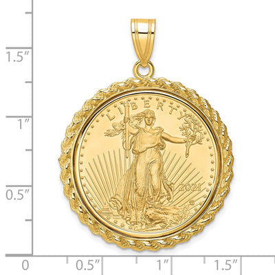 Wideband Distinguished Coin Jewelry 14K Polished with Casted Rope Mounted 1/2oz American Eagle Prong Coin Bezel Pendant