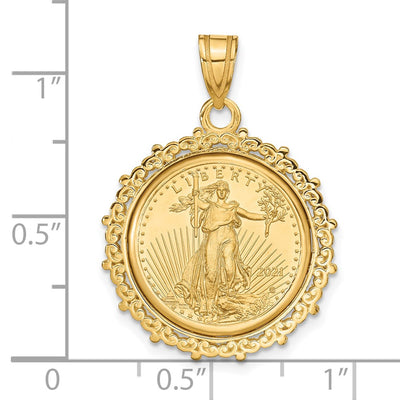 Wideband Distinguished Coin Jewelry 14K Polished Fancy Mounted 1/10oz American Eagle Prong Coin Bezel Pendant, 29.4 x 21.5mm
