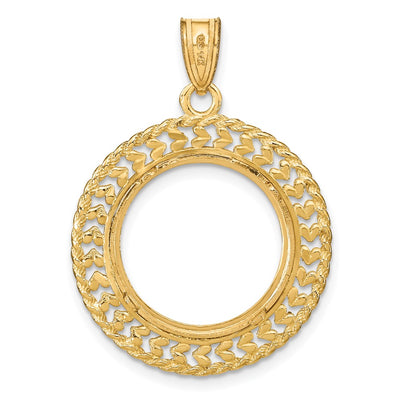 Wideband Distinguished Coin Jewelry 14K Polished and Diamond-cut Heart and Rope Prong Coin Bezel Pendant, 32 x 23.25mm