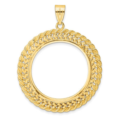 Wideband Distinguished Coin Jewelry 14K Polished and Diamond-cut Heart and Rope Prong Coin Bezel Pendant, 48.3 x 38.5mm