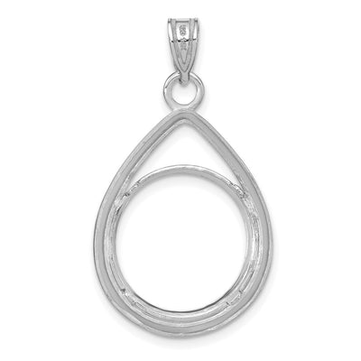 Wideband Distinguished Coin Jewelry 14K White Gold Polished and Diamond-cut Teardrop Prong Coin Bezel Pendant, 33.75 x 19.6mm