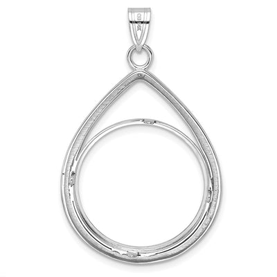 Wideband Distinguished Coin Jewelry 14K White Gold Polished and Diamond-cut Teardrop Prong Coin Bezel Pendant, 43 x 27.15mm