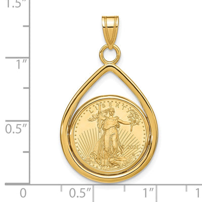 Wideband Distinguished Coin Jewelry 14K Polished Lightweight Teardrop Mounted 1/10oz American Eagle Prong Coin Bezel Pendant
