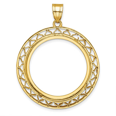 Wideband Distinguished Coin Jewelry 14K Polished and Diamond-cut Fancy Wire Prong Coin Bezel Pendant, 45.85 x 35.5mm