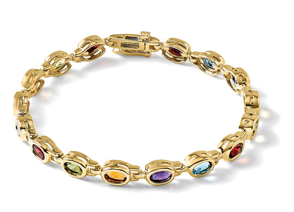 14k Complete Oval Garnet/Peridot/Citrine/Amethyst/Sky Blue Topaz Bezel-set Rainbow Bracelet