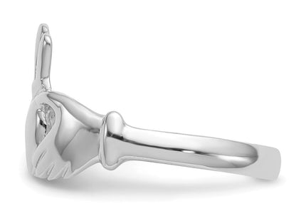 14K White Gold Polished Fan Crown Claddagh Ring, 2.88 grams, view 2