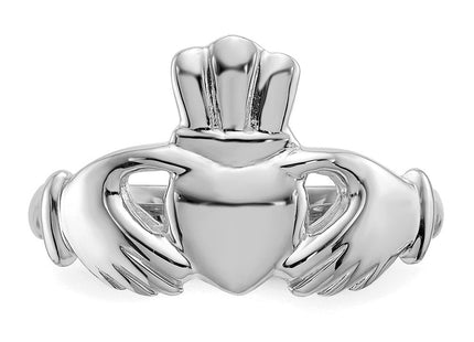 14K White Gold Polished Fan Crown Claddagh Ring, 2.88 grams, view 4