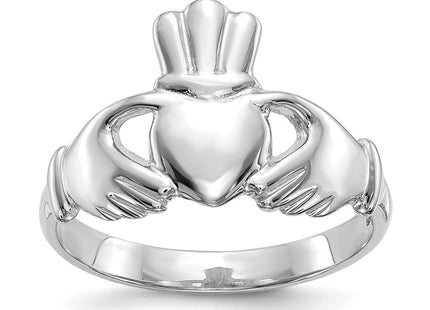 14K White Gold Polished Fan Crown Claddagh Ring, 2.88 grams