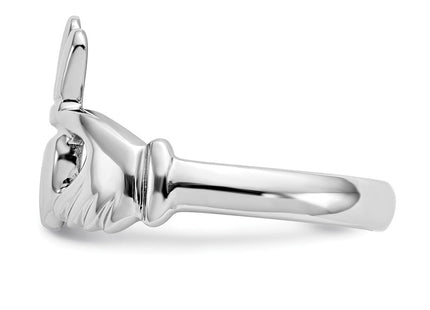 14K White Gold Polished Fan Crown Claddagh Ring, 4.36 grams, view 2