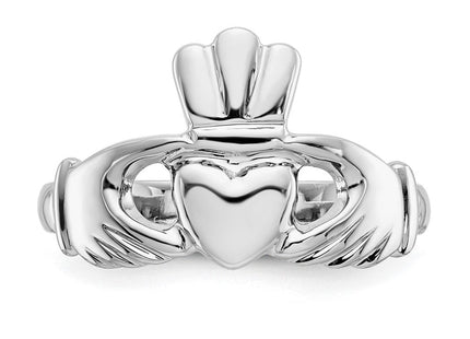 14K White Gold Polished Fan Crown Claddagh Ring, 4.36 grams, view 4