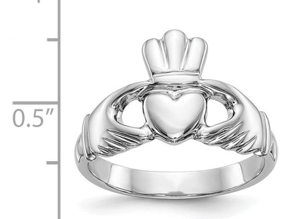 14K White Gold Polished Fan Crown Claddagh Ring, 4.36 grams, view 6