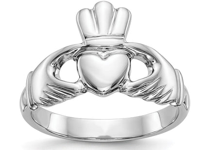 14K White Gold Polished Fan Crown Claddagh Ring, 4.36 grams
