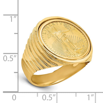 Wideband Distinguished Coin Jewelry 14K Men's Polished Ribbed Edge Mounted 1/10oz American Eagle Coin Bezel Ring