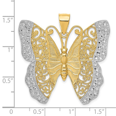 14K w/ Rhodium Solid Polished Diamond-cut Filigree Butterfly Pendant