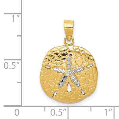 14K with White Rhodium Polished Diamond-Cut Sand Dollar Pendant, 24 x 16mm