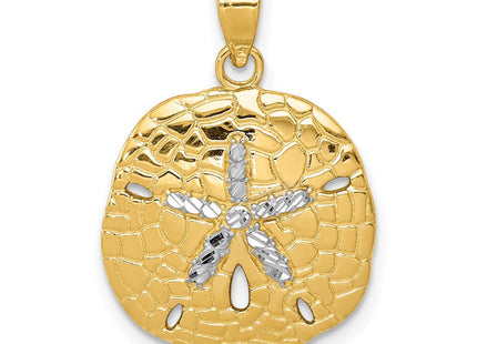 14K with White Rhodium Polished Diamond-Cut Sand Dollar Pendant (Style D1400)