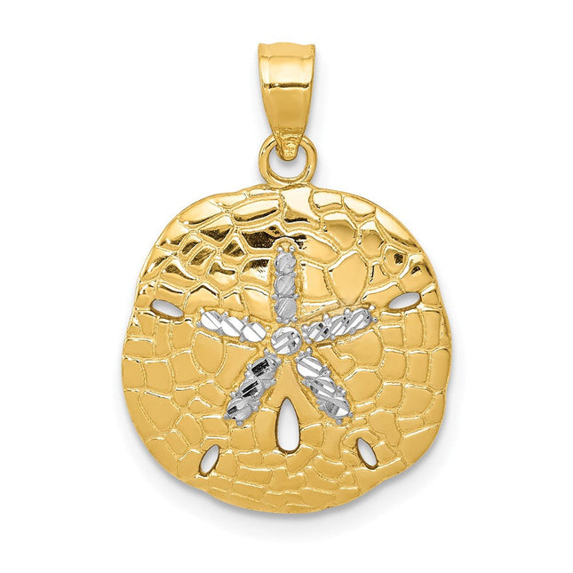 14K with White Rhodium Polished Diamond-Cut Sand Dollar Pendant, 24 x 16mm