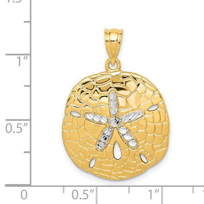 14K with White Rhodium Polished Diamond-Cut Sand Dollar Pendant, 30 x 21mm