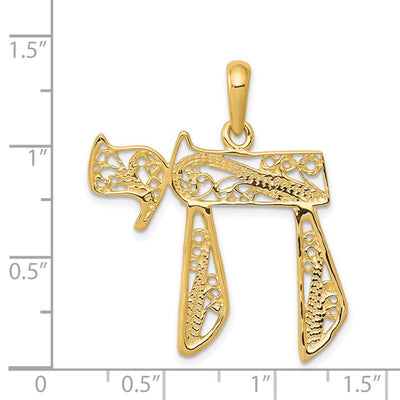 14K Filigree Chai Pendant, 32 x 25mm