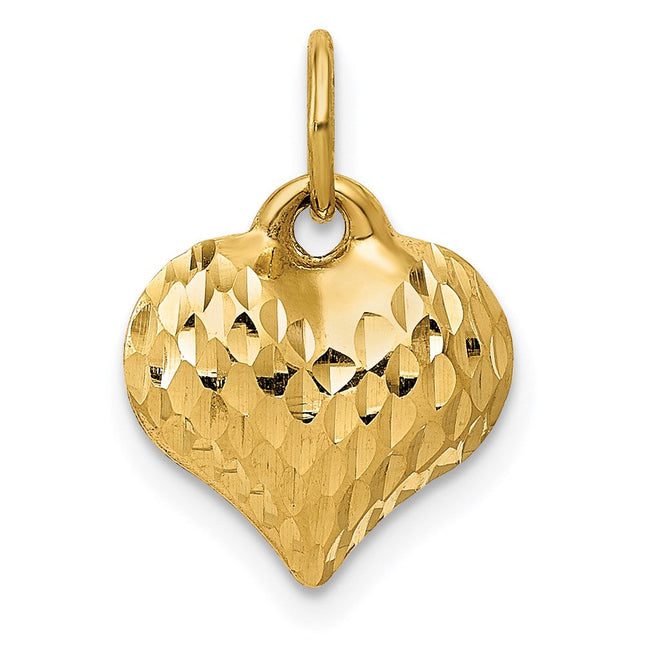 14K Polished and Textured 3-D Heart Pendant, 14 x 11mm