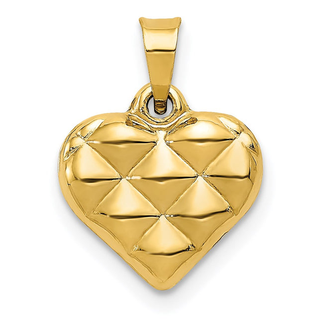 14K Polished and Textured 3-D Heart Pendant, 15 x 11mm