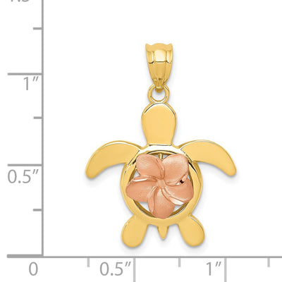 14K Two-tone Diamond-cut Rose Plumeria Turtle Pendant