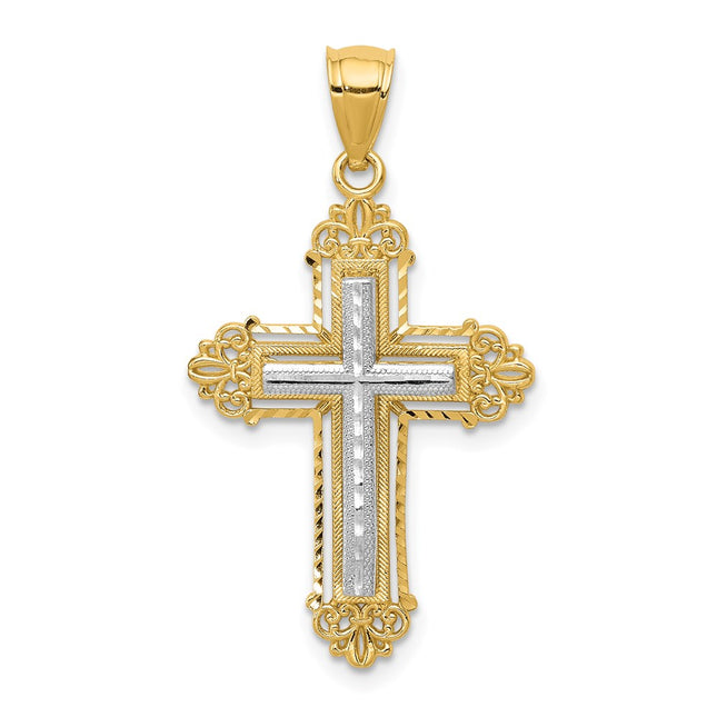 14k Two-tone Fleur De Lis Cross Pendant, 33 x 19mm