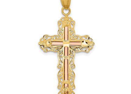 14K Tri-color Diamond-cut Crucifix Pendant, 43 x 21mm