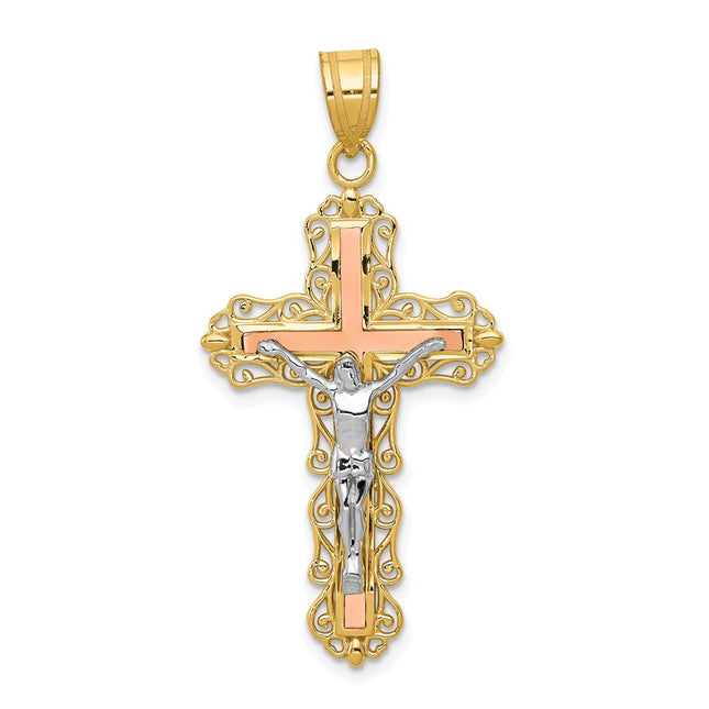 14K Tri-color Diamond-cut Crucifix Pendant, 43 x 21mm