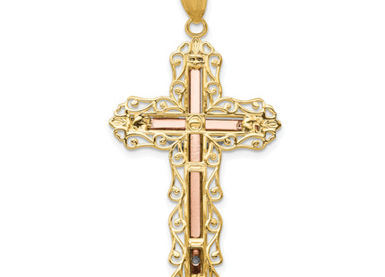 14K Tri-color Diamond-cut Crucifix Pendant, 50 x 25mm