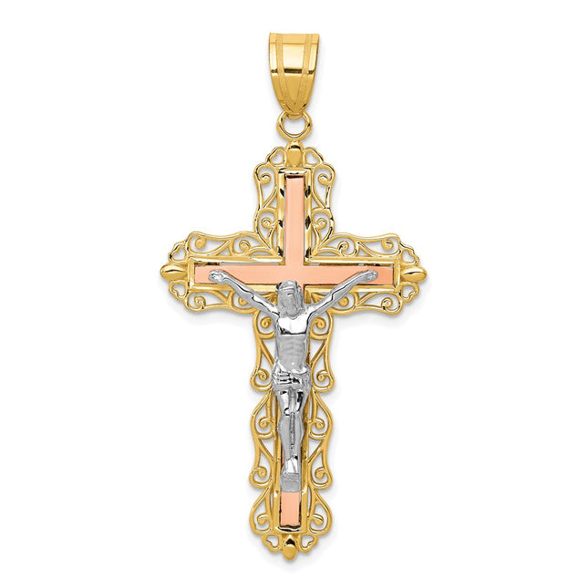 14K Tri-color Diamond-cut Crucifix Pendant, 50 x 25mm