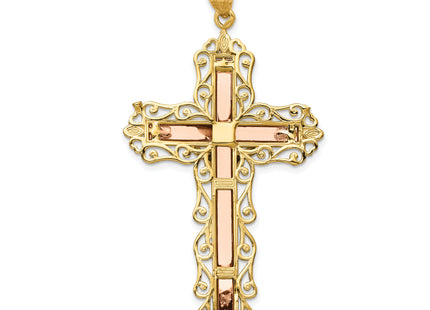 14K Tri-color Diamond-cut Crucifix Pendant, 61 x 31mm