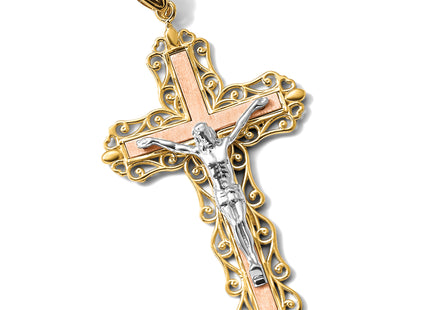 14K Tri-color Diamond-cut Crucifix Pendant, 61 x 31mm