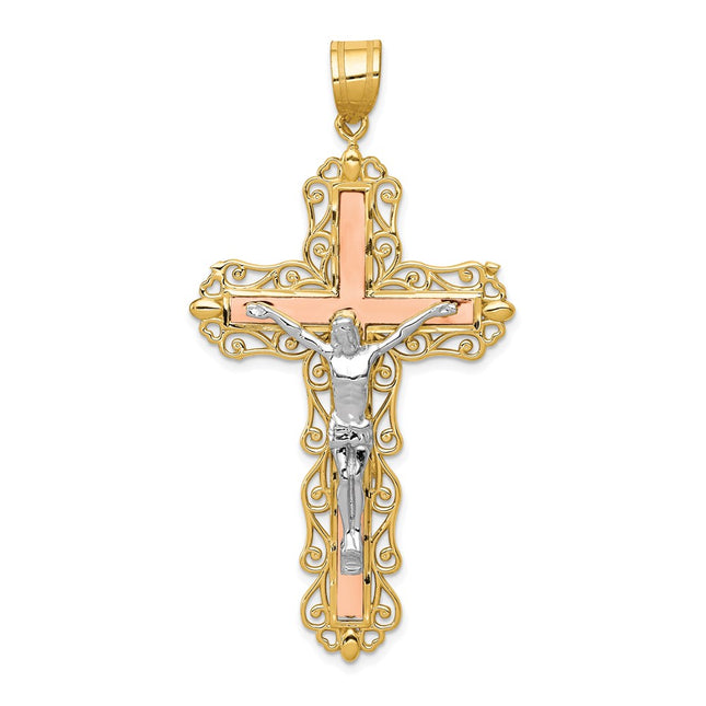 14K Tri-color Diamond-cut Crucifix Pendant, 61 x 31mm
