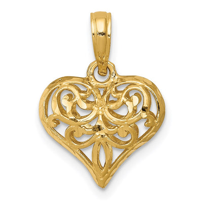 14K Polished 3-D Filigree Puffed Heart Pendant, 20 x 13mm