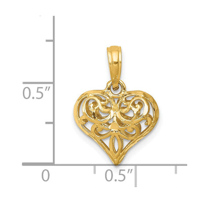 14K Polished 3-D Filigree Puffed Heart Pendant, 20 x 13mm