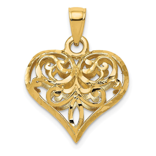14K Polished 3-D Filigree Puffed Heart Pendant, 25 x 20mm