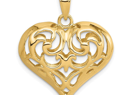 14K Polished 3-D Filigree Puffed Heart Pendant (Style D3821)