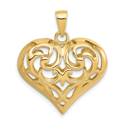 14K Polished 3-D Filigree Puffed Heart Pendant, 29 x 24mm