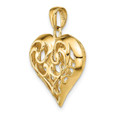 14K Polished 3-D Filigree Puffed Heart Pendant, 29 x 24mm