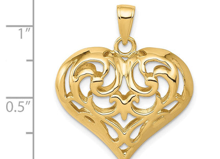 14K Polished 3-D Filigree Puffed Heart Pendant (Style D3821)