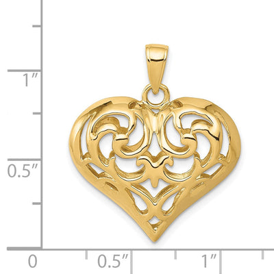 14K Polished 3-D Filigree Puffed Heart Pendant, 29 x 24mm