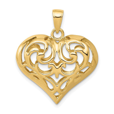14K Polished 3-D Filigree Puffed Heart Pendant, 29 x 24mm