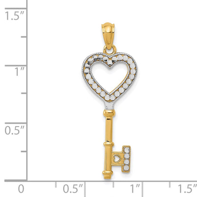 14K w/White Rhodium Polished Heart Key Charm, 32 x 12mm