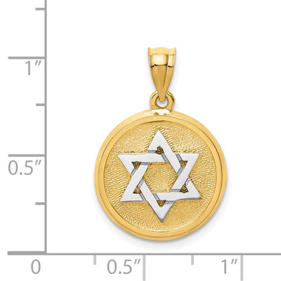 14K Two-tone Solid Satin Finish Flat Back Star of David Disc Charm