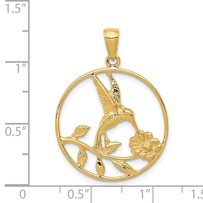 14K Hummingbird in Round Frame Pendant, 31 x 23mm