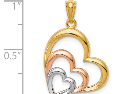 14K Two-tone and White Rhodium Polished 3 Hearts Pendant, 21 x 17mm