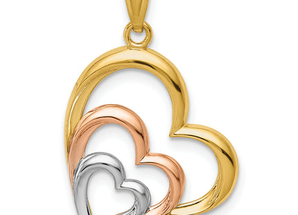 14K Two-tone and White Rhodium Polished 3 Hearts Pendant, 21 x 17mm