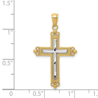14K w/Rhodium Diamond-Cut Cross Pendant, 27 x 18mm